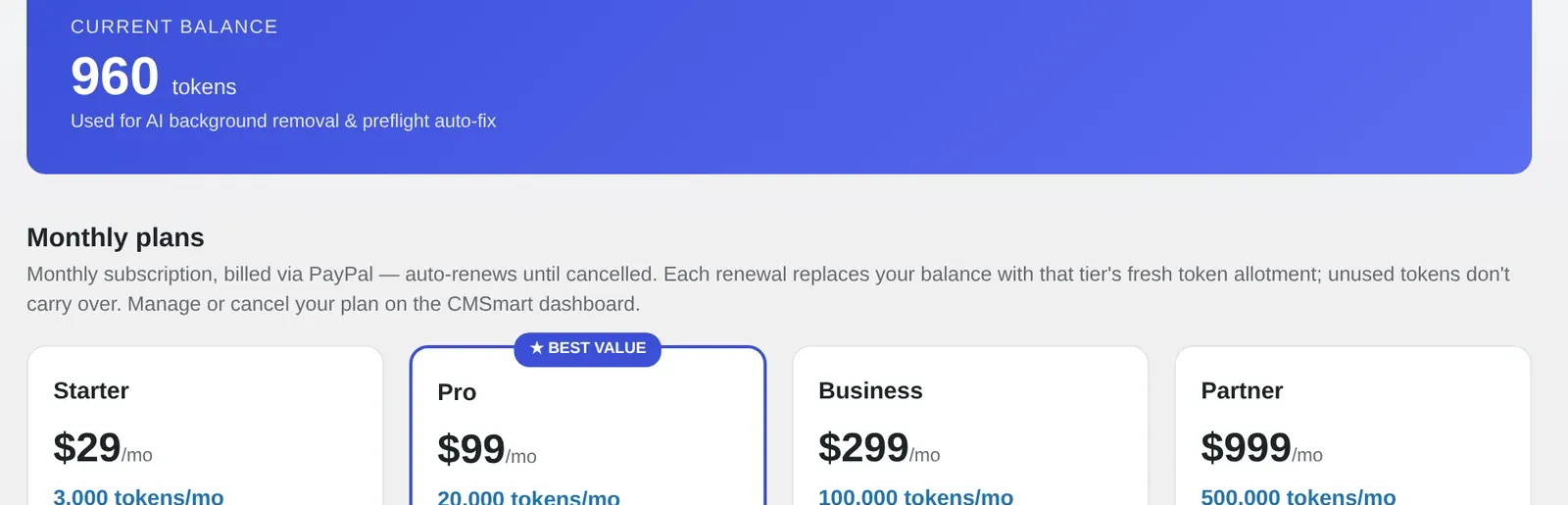 Cmsmart Cloud monthly AI token plans, Starter through Partner, captured October 2026