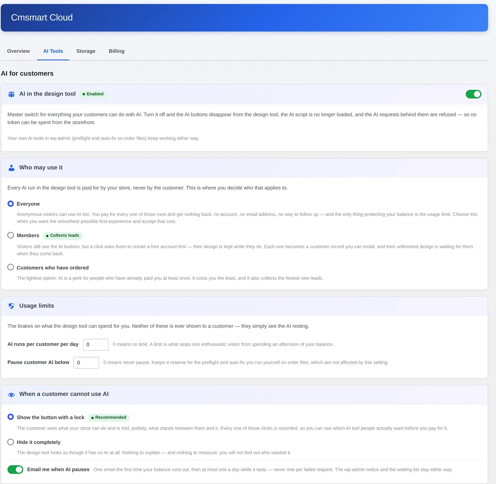 Cmsmart Cloud AI Tools settings: who may use AI, usage limits and pause behaviour that control AI token wallet costs