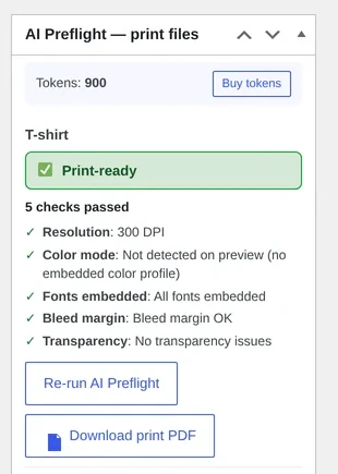Admin AI Preflight panel on a WooCommerce order showing the token balance next to five print-file checks