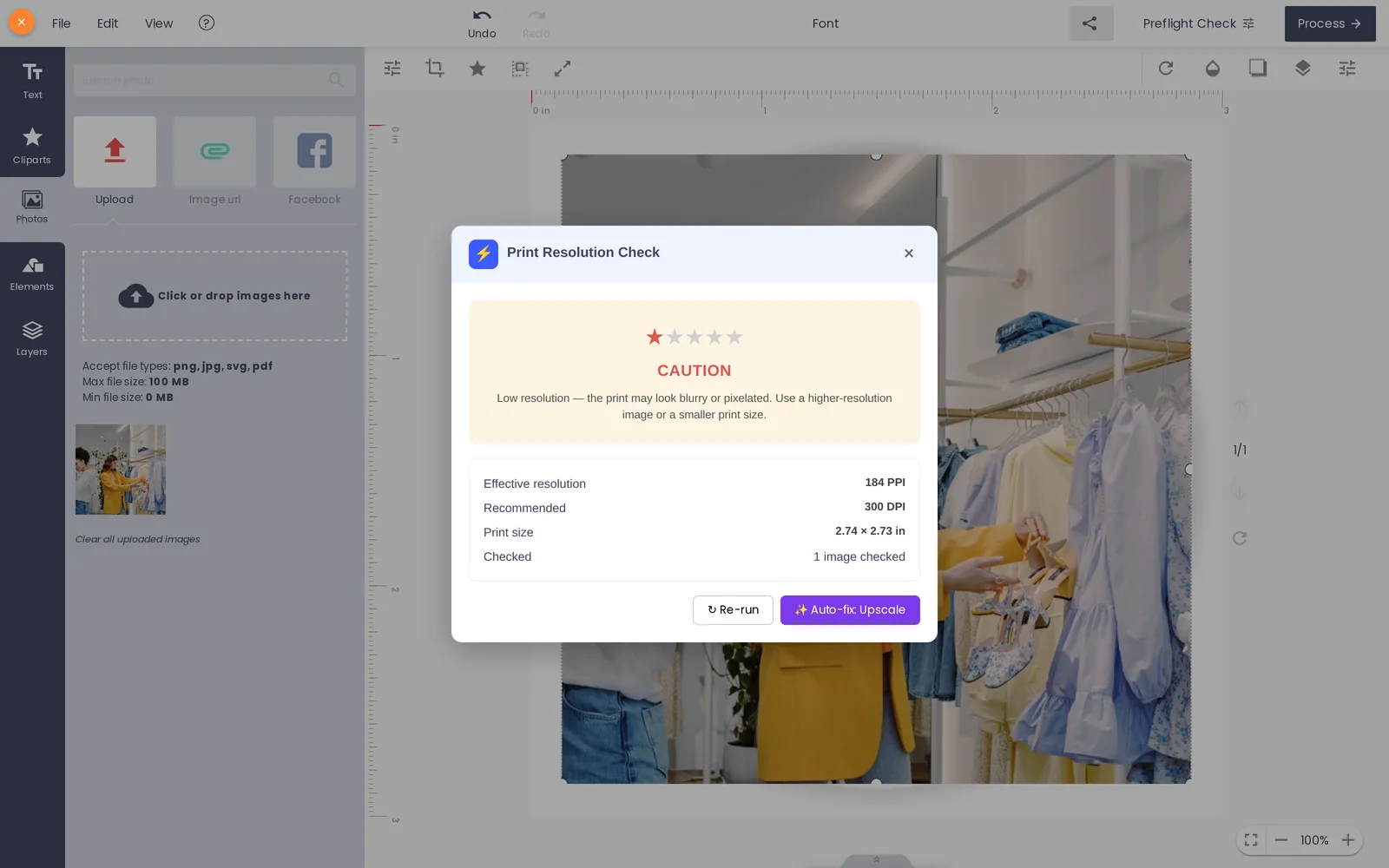 Preflight Check in the Cmsmart online designer rating a low-resolution photo one star, CAUTION, before any AI token wallet costs are spent fixing it