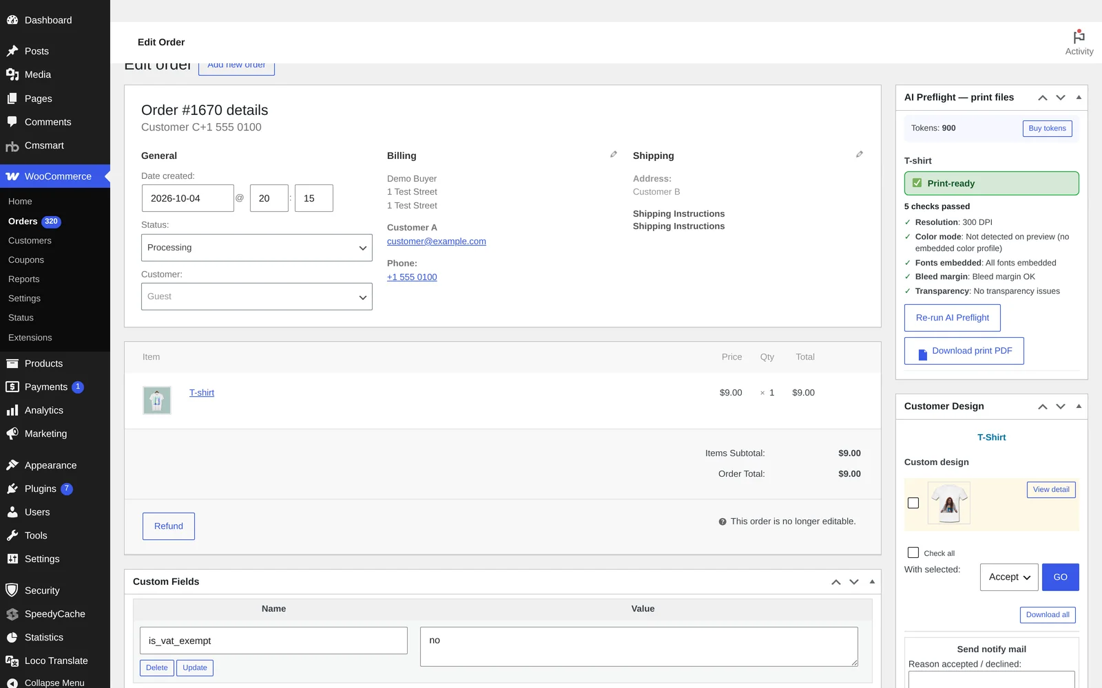 wp-admin order screen AI Preflight panel showing five checks passed on the order's print-ready file