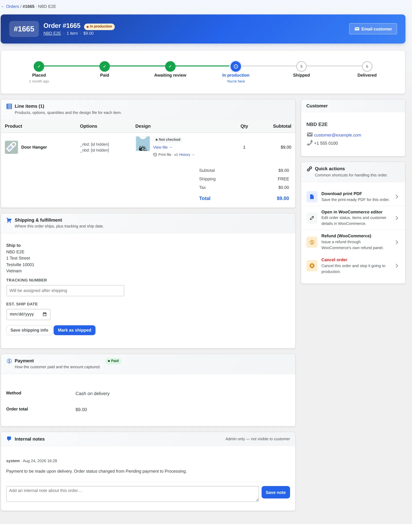 WooCommerce order detail showing the status timeline an AI chatbot for WooCommerce reads to answer where-is-my-order questions