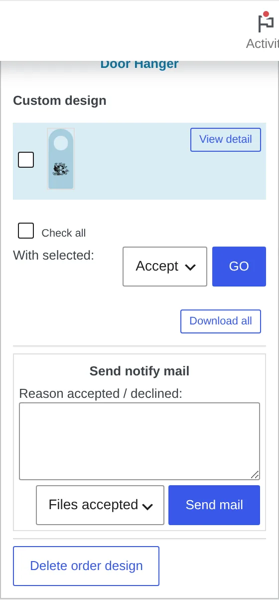 Customer Design approval box in NBDesigner with Accept, Decline and notify-mail controls