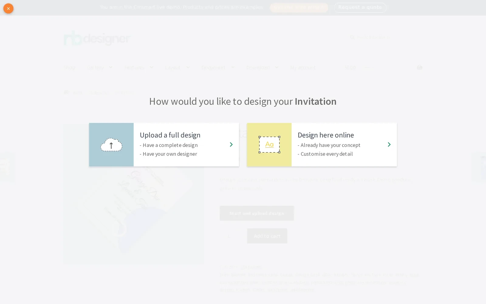 Cmsmart Product Designer chooser screen where a shopper personalizes a product before checkout