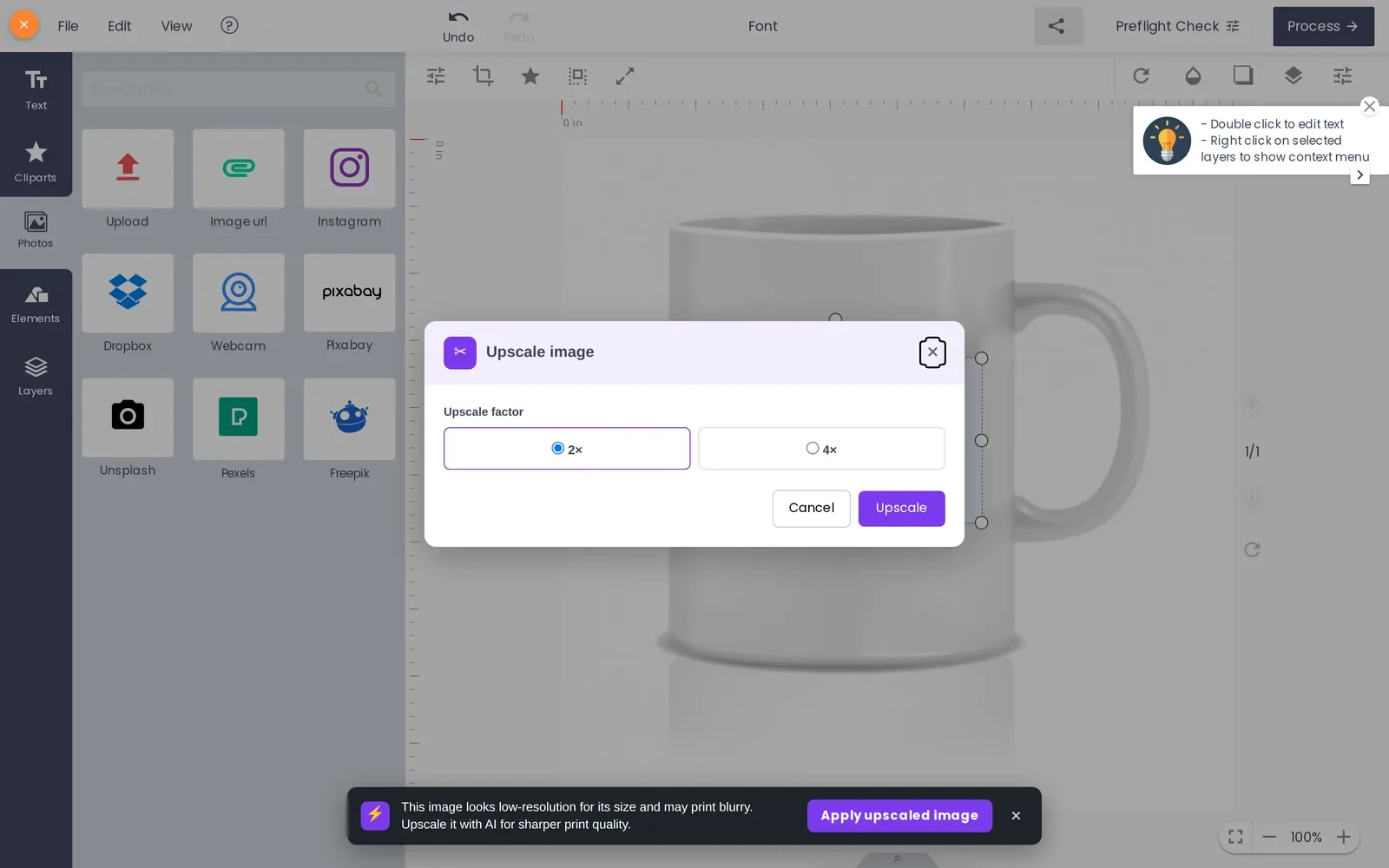 Cmsmart Cloud AI upscale tool inside Cmsmart Product Designer, used on a product photo before the page goes live