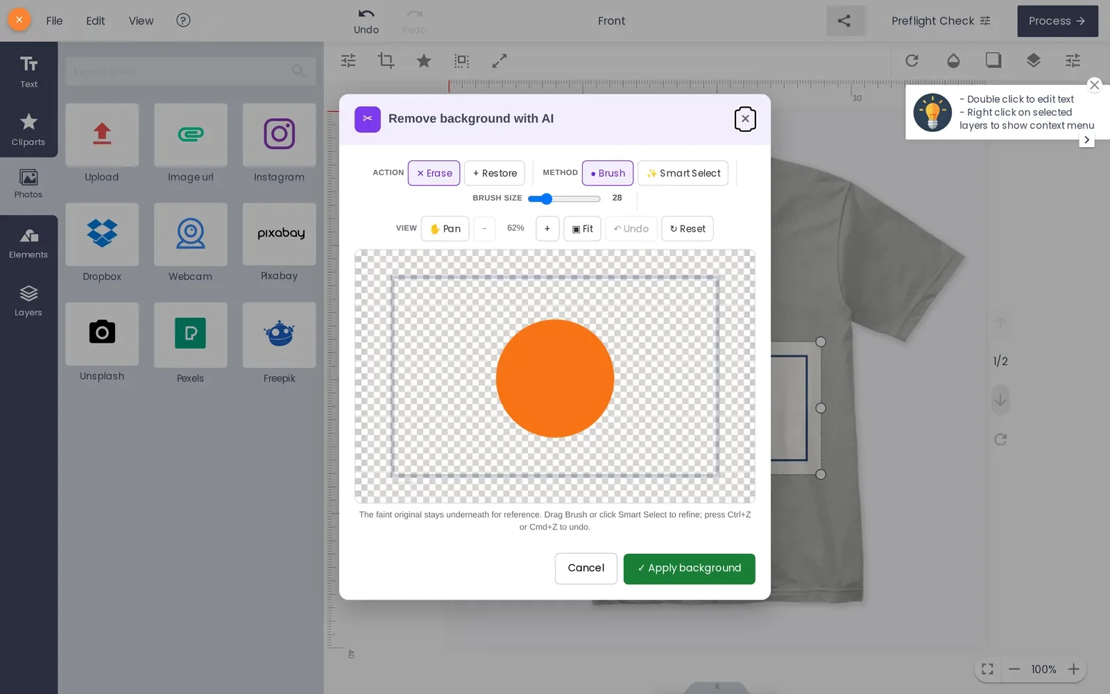 Cmsmart Cloud AI background removal tool inside the online product designer