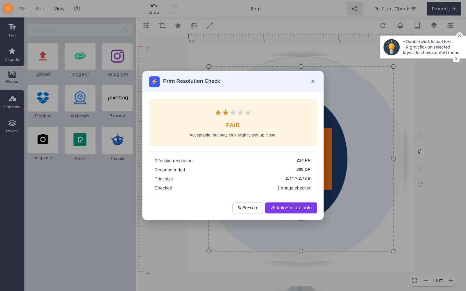 AI Preflight Check dialog in Cmsmart Product Designer showing a FAIR rating, 234 PPI effective resolution against a 300 DPI recommendation, and an Auto-fix: Upscale button