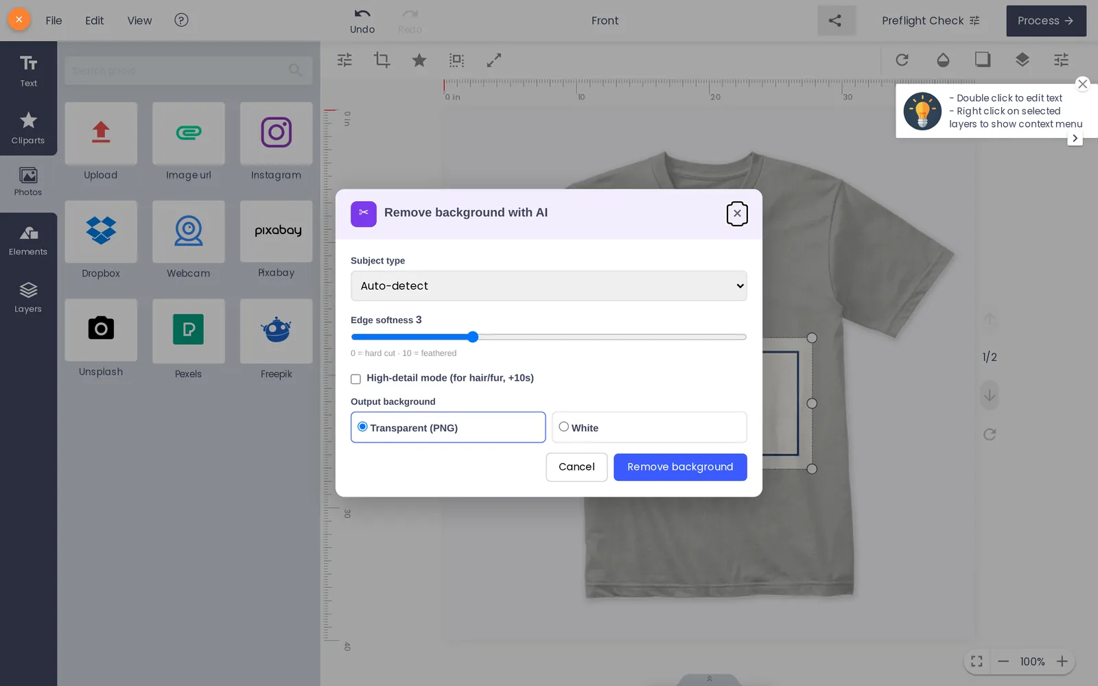 Remove background with AI dialog showing subject type auto-detect, edge softness slider, and transparent or white output background options