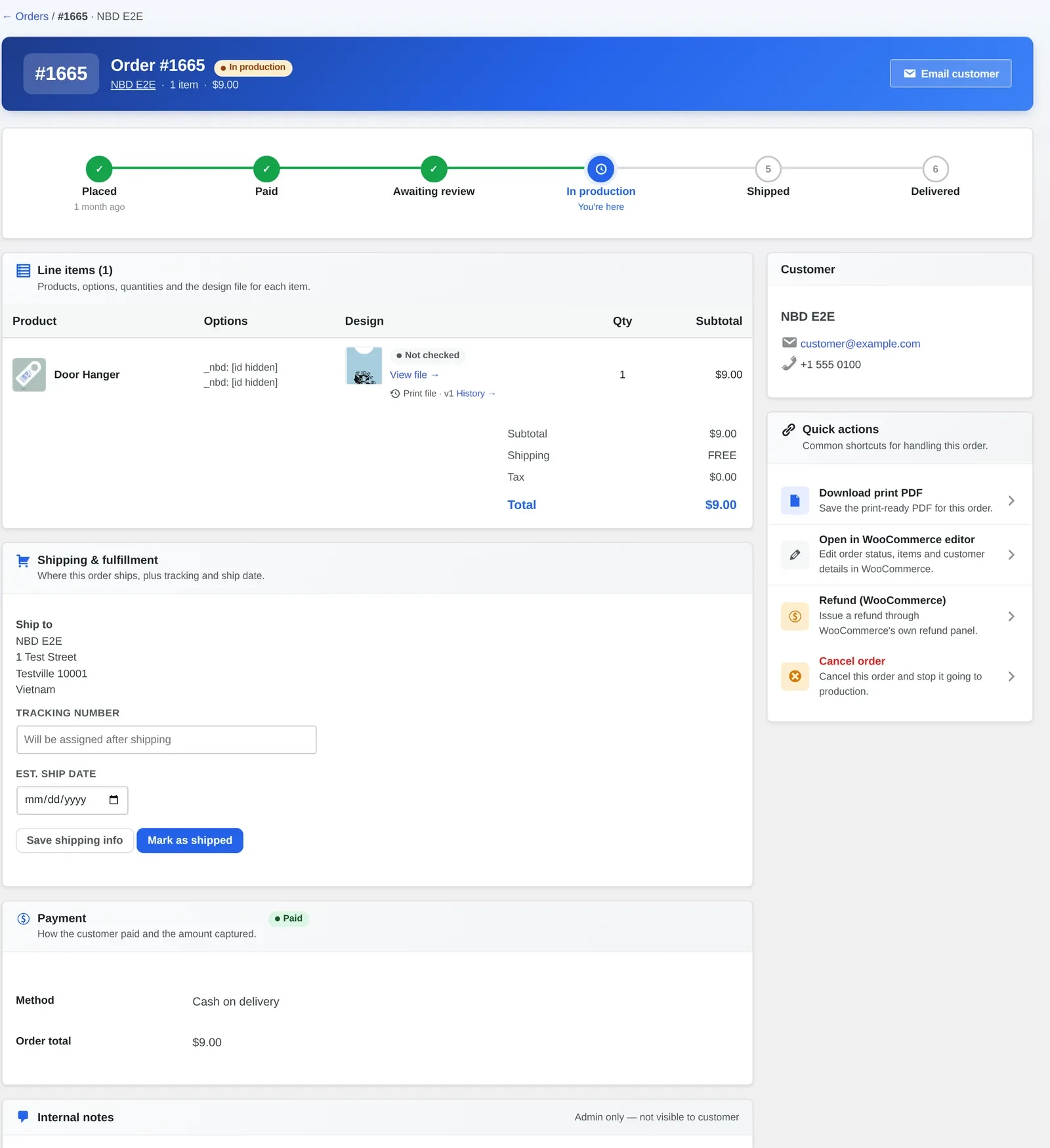 WooCommerce order screen showing the line item, options and attached design file