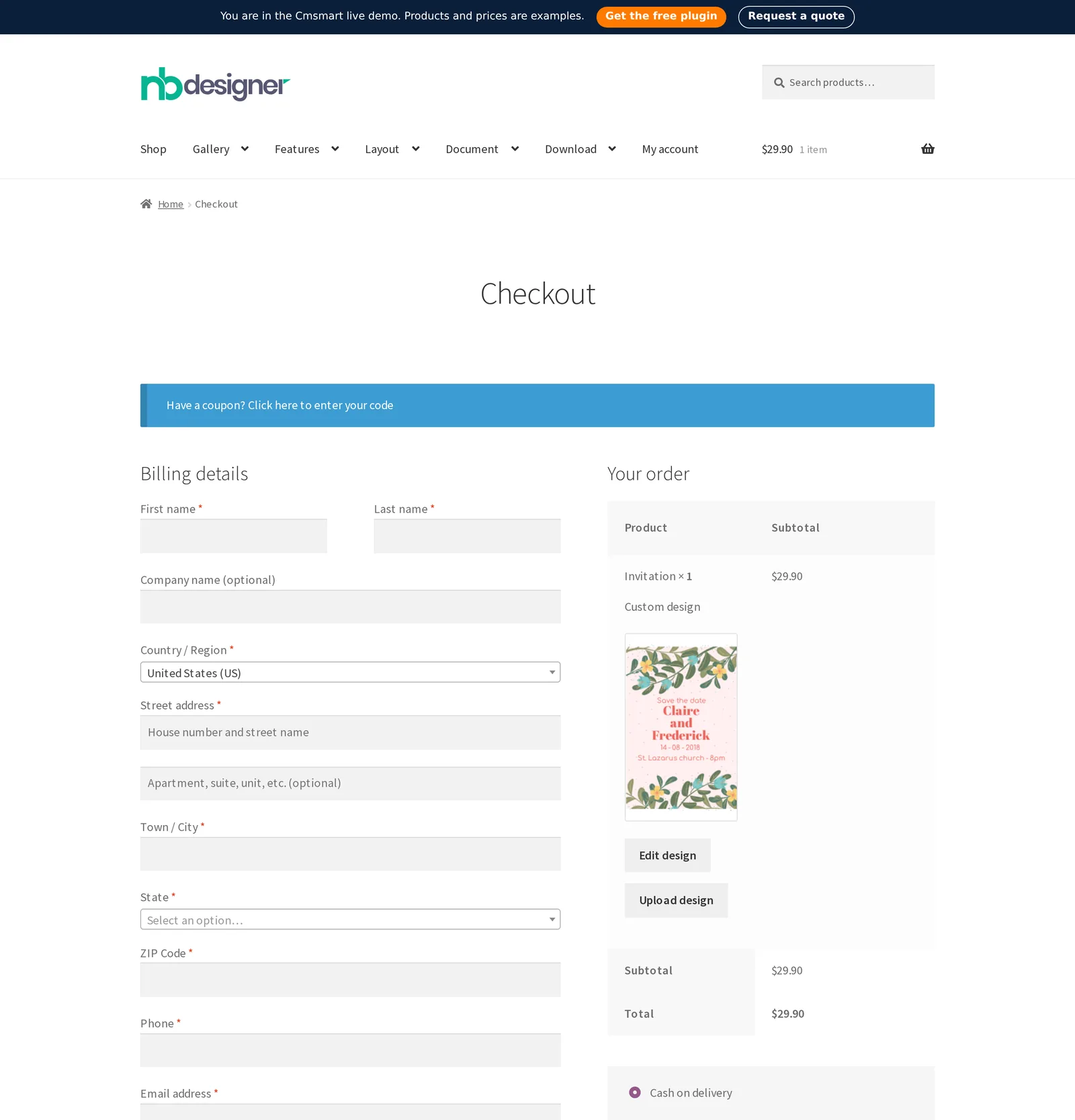 WooCommerce checkout page that a WooCommerce Subscriptions order reuses, stopped before payment, on the Cmsmart demo store
