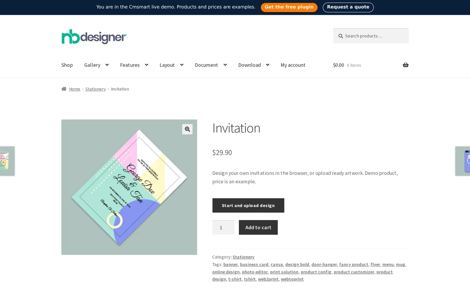 NBDesigner demo product page with Start and upload design button for a custom order