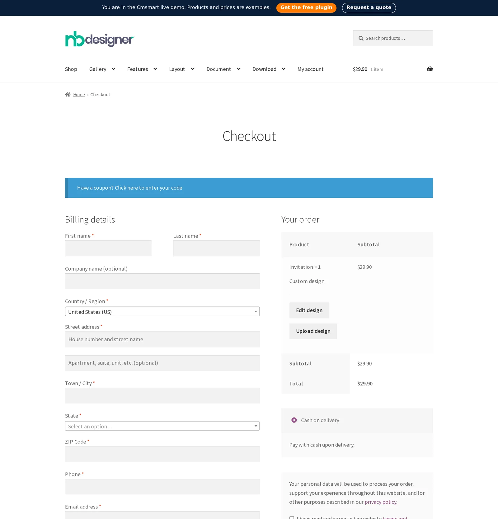 WooCommerce checkout page with the custom design carried through to the order review