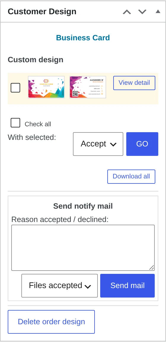 Customer Design approval box in wp-admin showing an uploaded business card design pending Accept or Decline