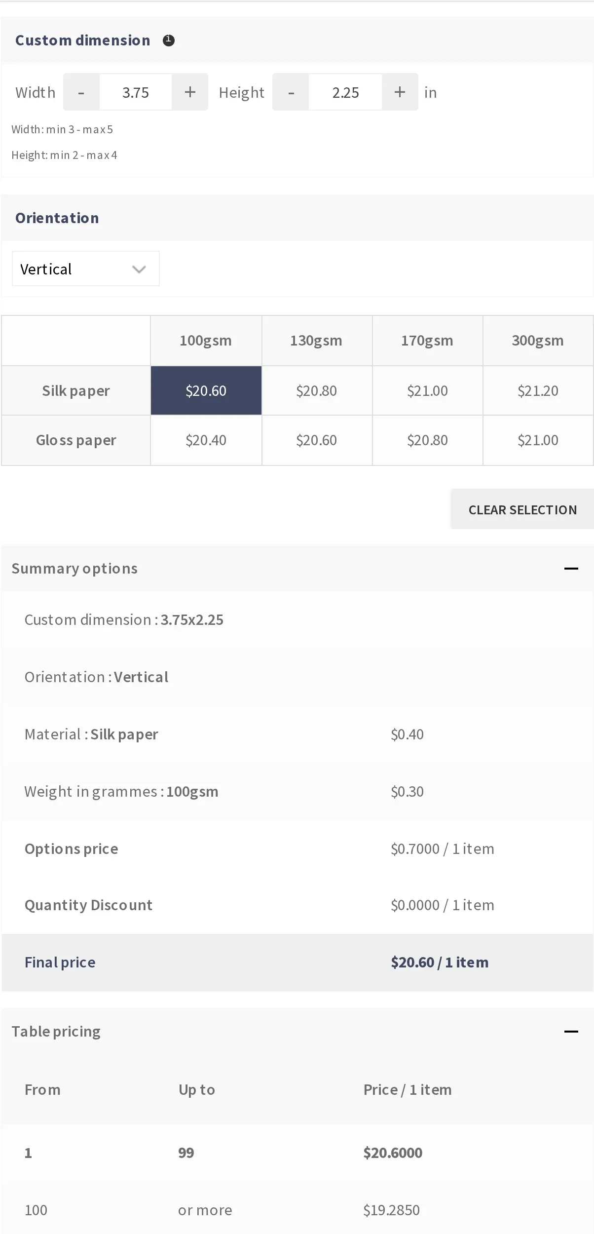 Printing Options price matrix showing paper weight and material combinations with per-option pricing and a bulk quantity discount table