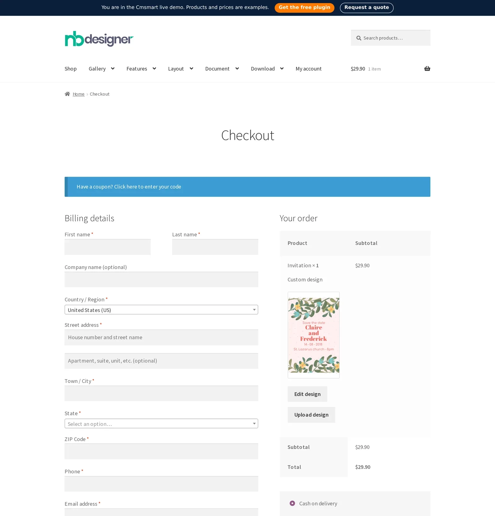 WooCommerce checkout page with the custom-designed product shown in the order review before payment