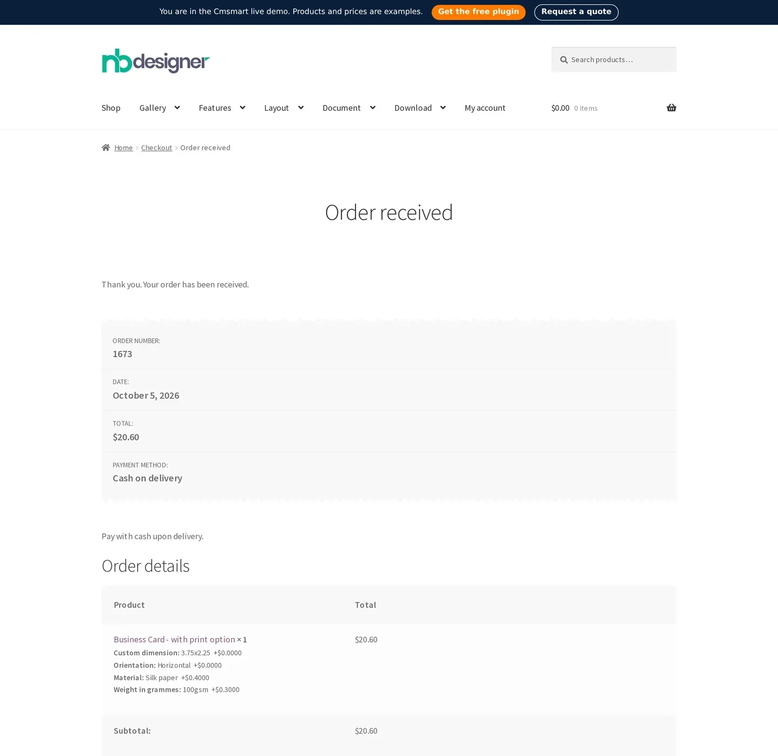 WooCommerce order confirmation showing every print option and its price, kept with the order for B2B record-keeping
