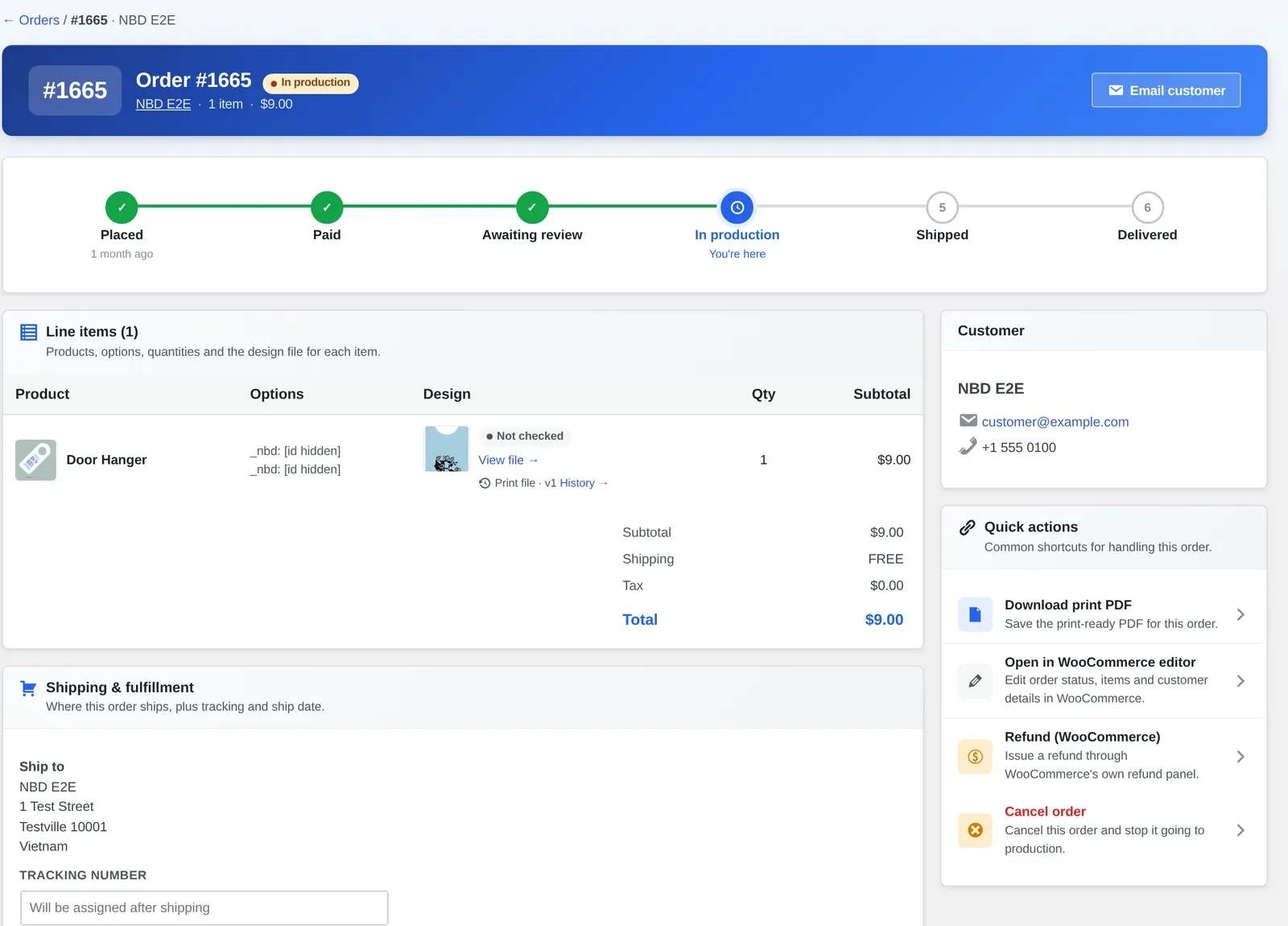 WooCommerce admin order screen with customer details, line items and tax for a B2B order
