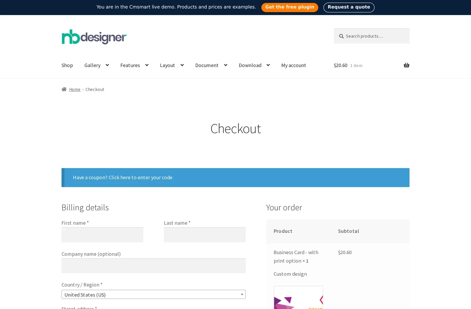 WooCommerce checkout billing form with an optional company name field, before customer-group pricing is added