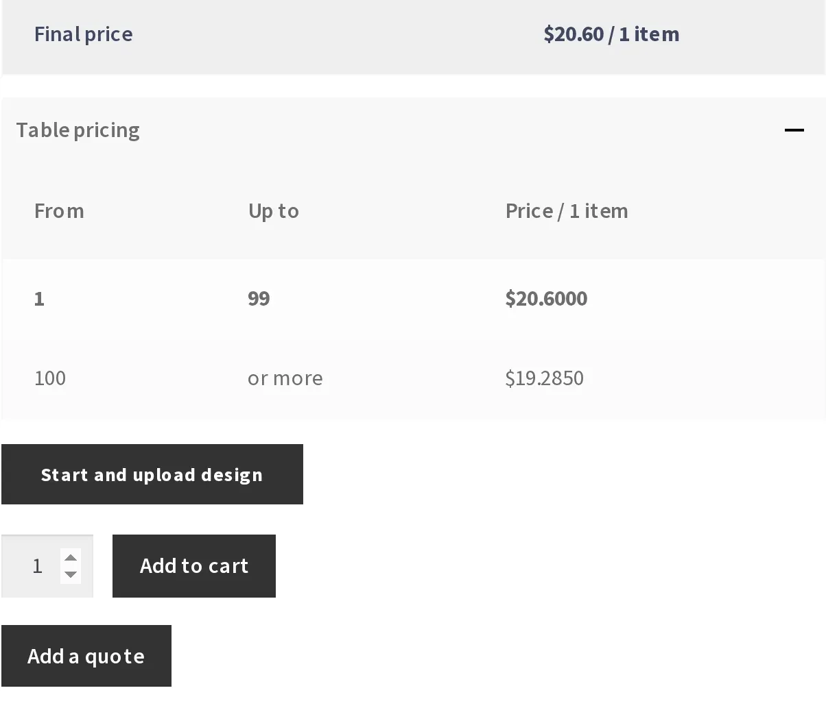 Final price, bulk table pricing tiers, and an Add a quote button stacked under Add to cart on a WooCommerce product page