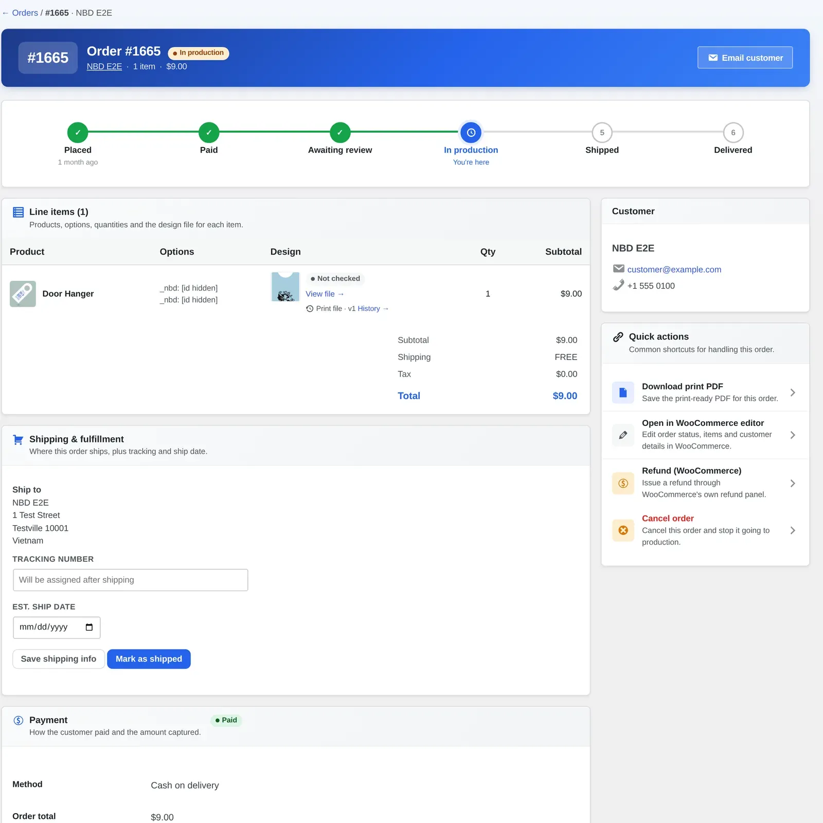 WooCommerce order detail page with a Placed, Paid, Awaiting review, In production status timeline after a quote converts to an order