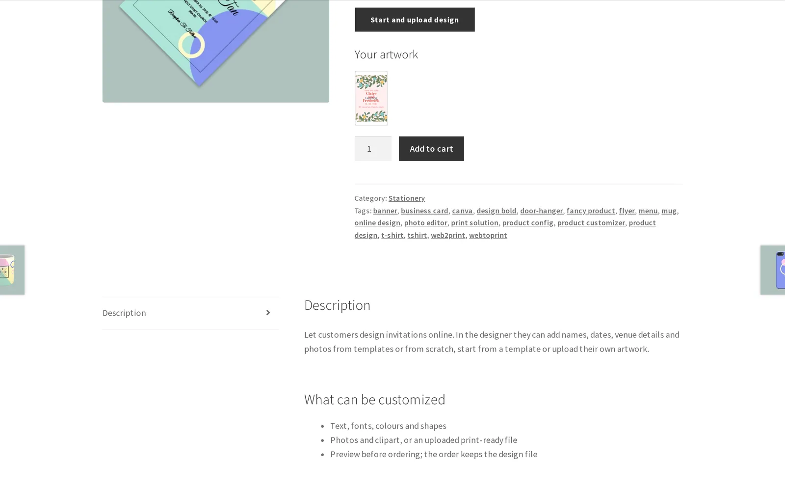 Your artwork saved on the WooCommerce product page before add to cart