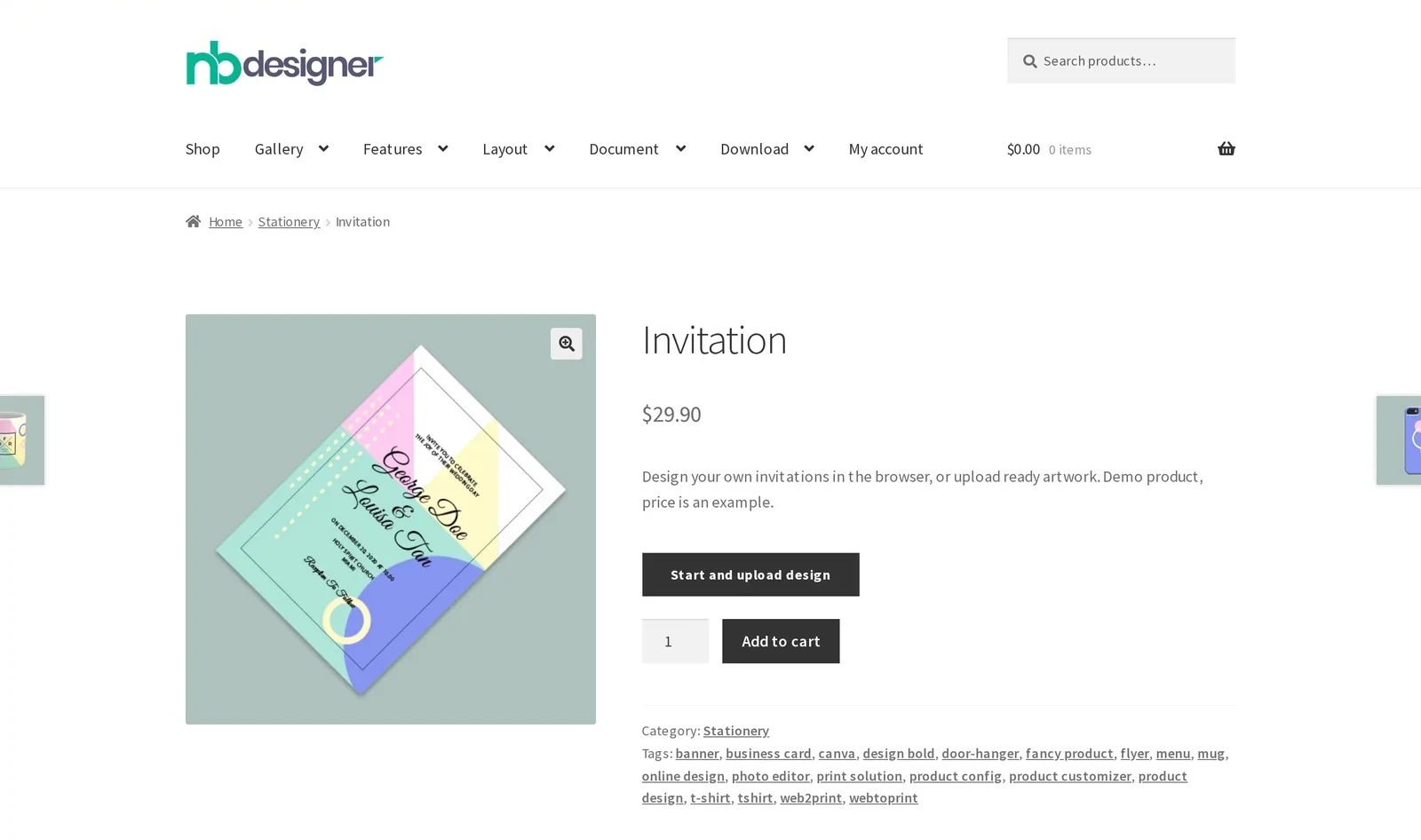 Design-enabled product page with the start and upload design button buyers use before a quote