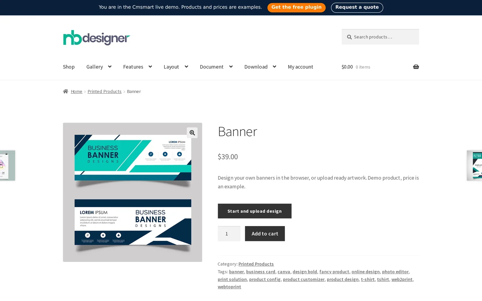 Custom vinyl banner printing online: the Banner product page on the Cmsmart NBDesigner demo store