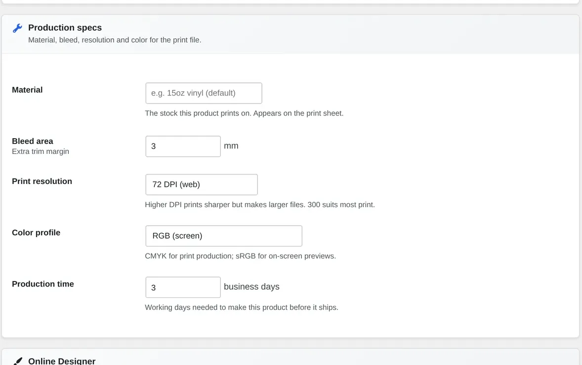 Production specs panel in wp-admin with bleed area, print resolution and color profile fields