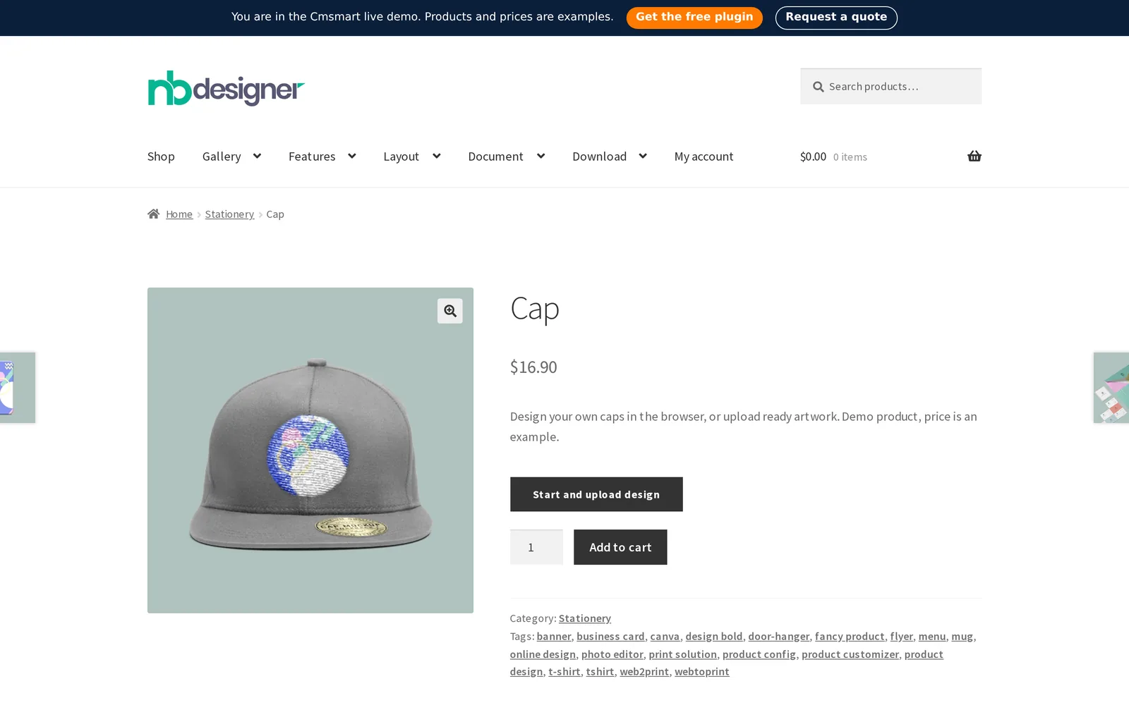 Custom embroidered hats online store: cap product page on the Cmsmart Product Designer demo showing the price and Start and upload design button