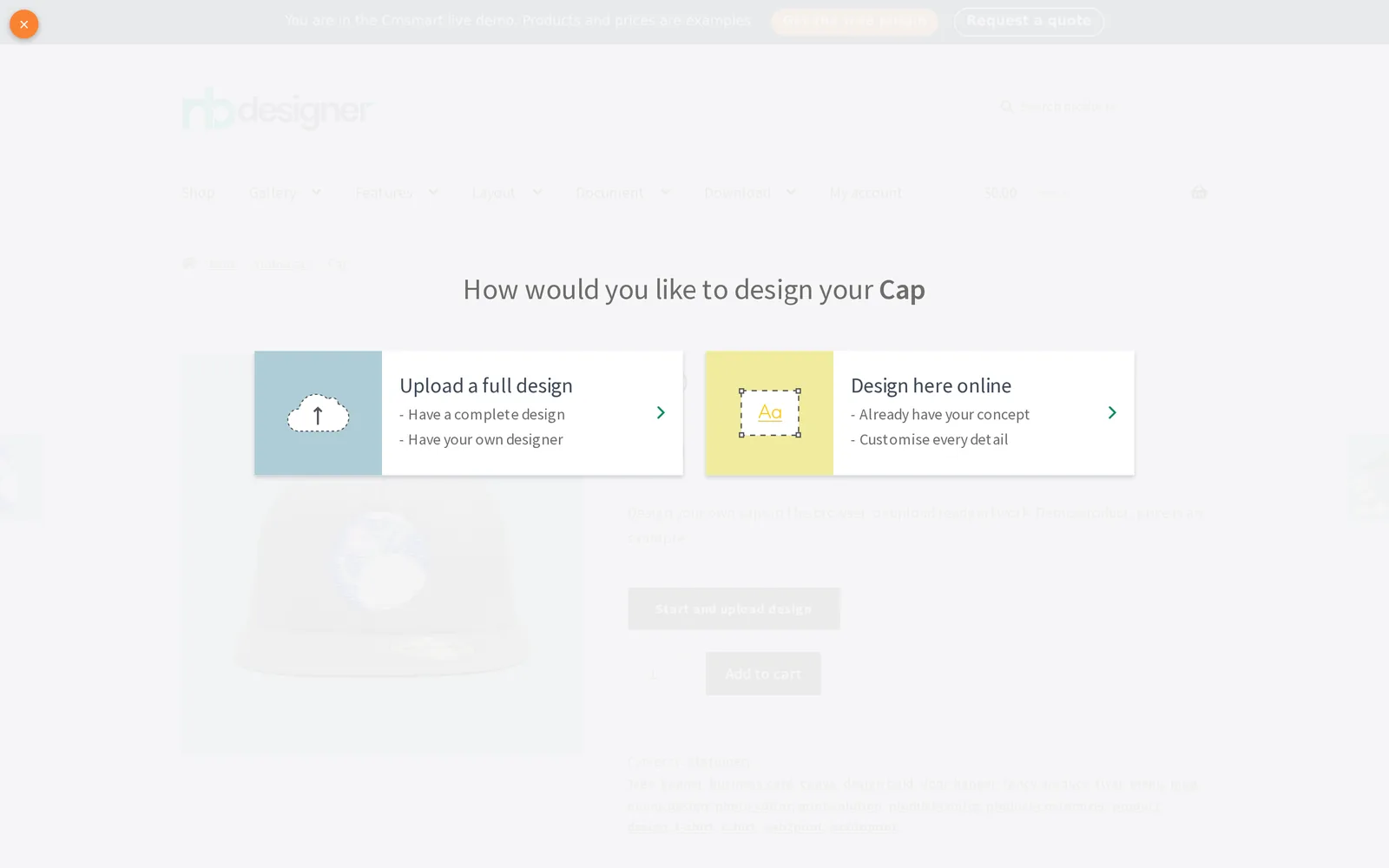 How would you like to design your Cap chooser showing upload a full design or design here online