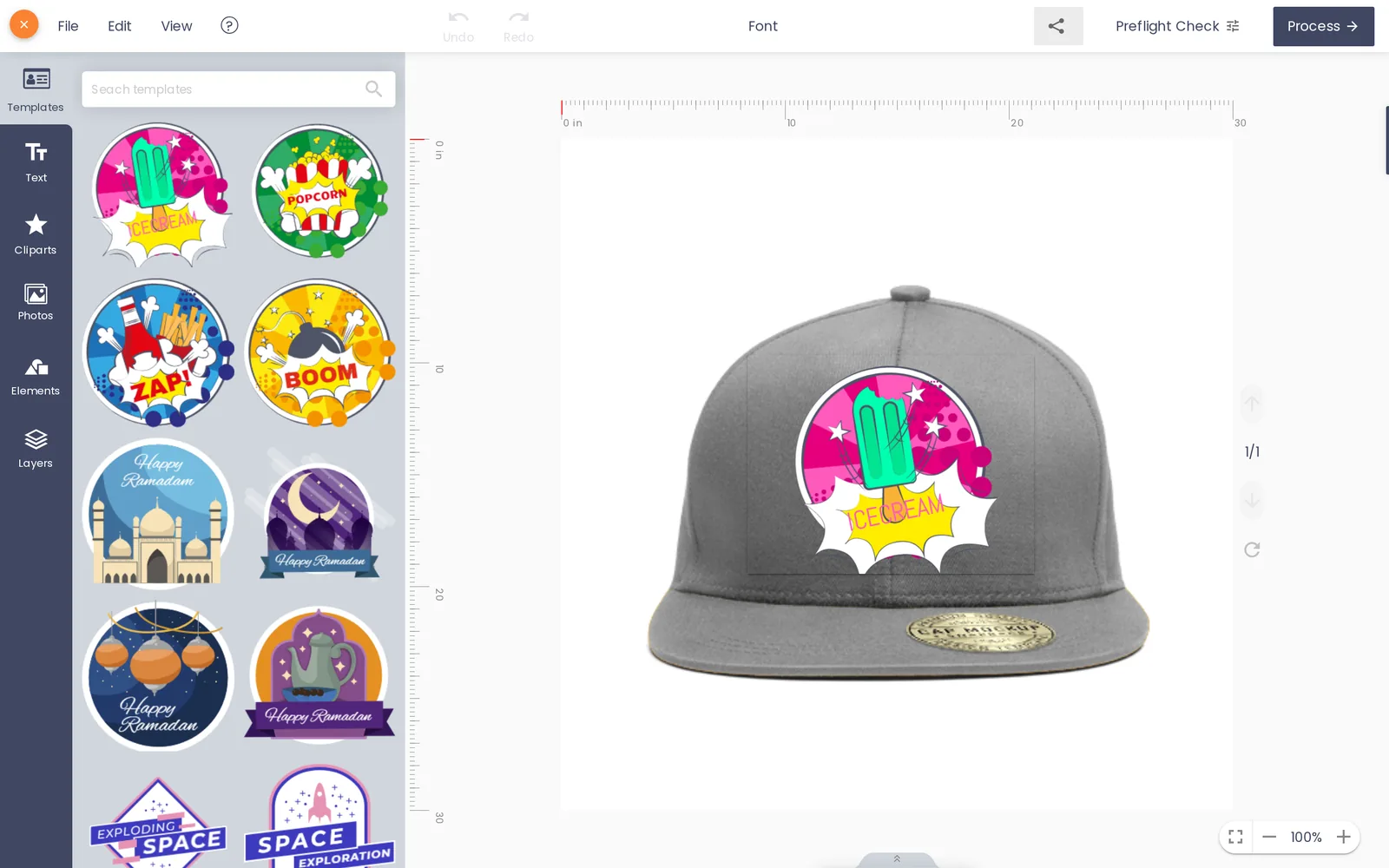 Online designer canvas showing a cap mockup with a template graphic placed on the front panel