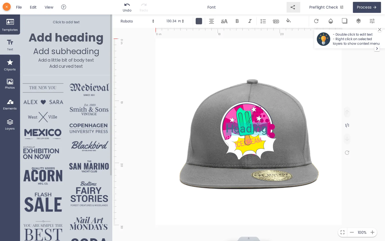 Designer text panel with heading presets for adding a monogram or team name to the cap
