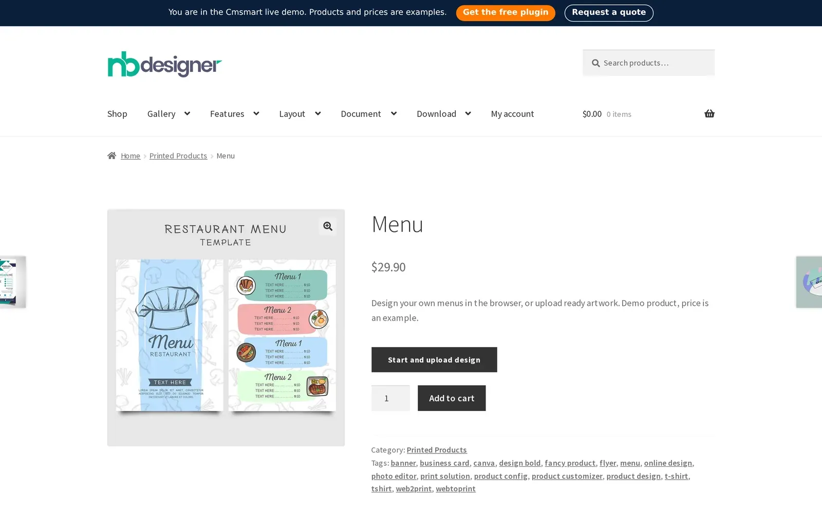 Restaurant menu printing online: the Menu product page on Cmsmart Product Designer with a Start and upload design button