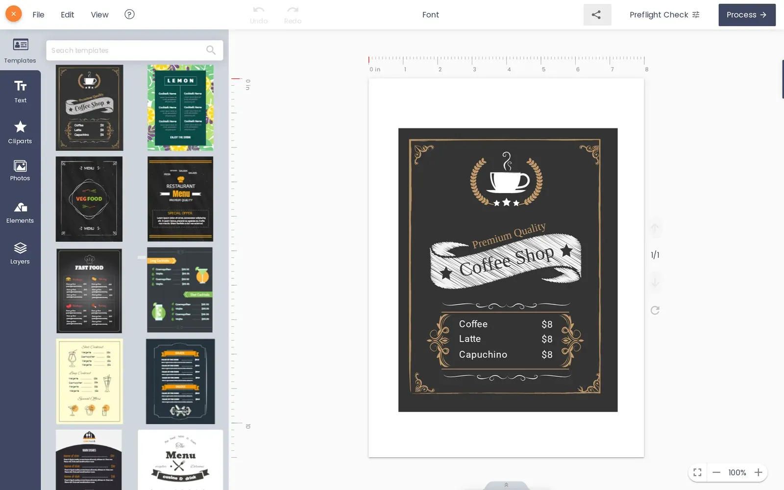 Cmsmart Product Designer online editor open on the restaurant menu product with a template loaded