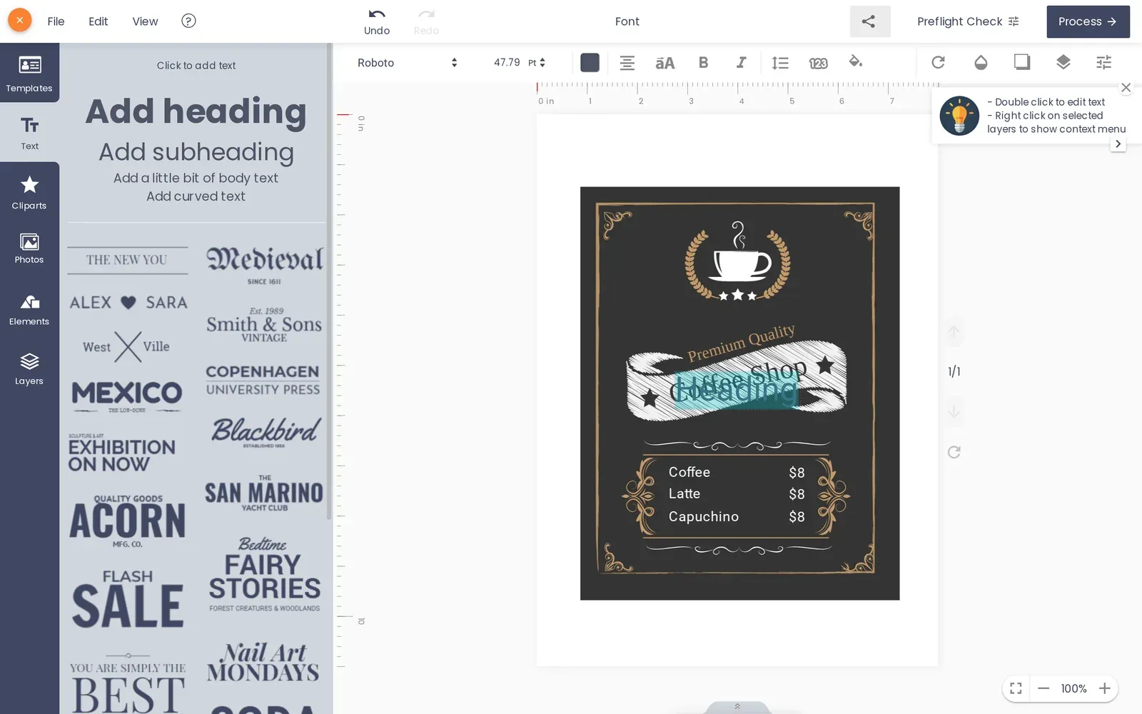 Editing menu text in the Cmsmart Product Designer online editor, restaurant menu printing online template