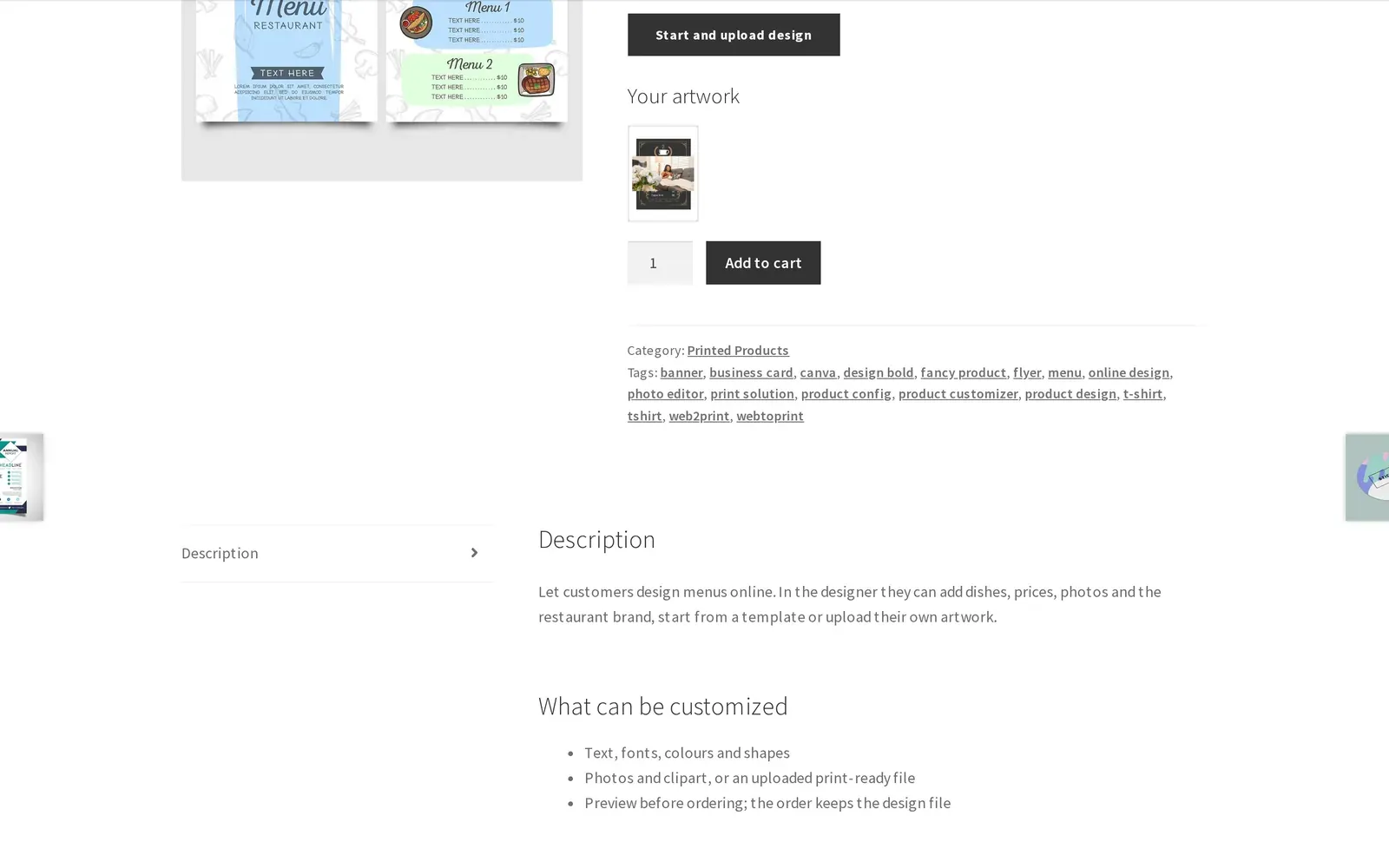Saved menu design shown as Your artwork on the product page before checkout