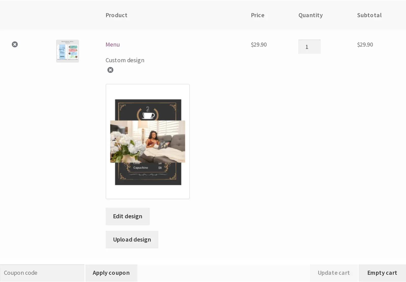 WooCommerce cart showing the custom Menu design line item and price