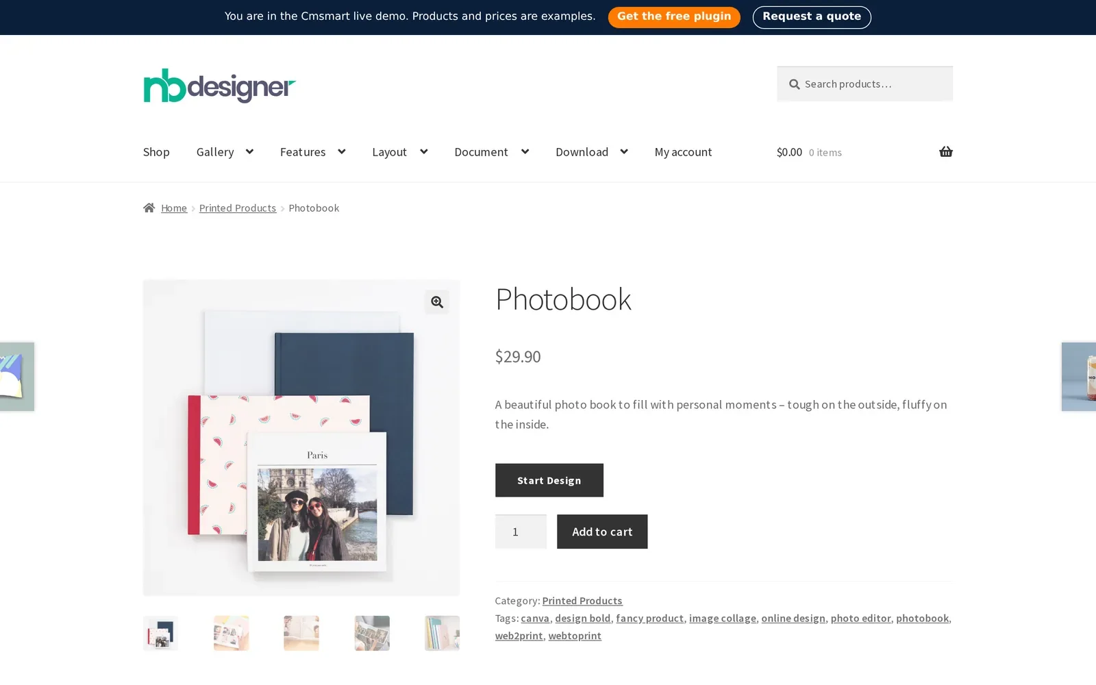 How to start a photo book business: Photobook product page on a WooCommerce storefront with a Start Design button