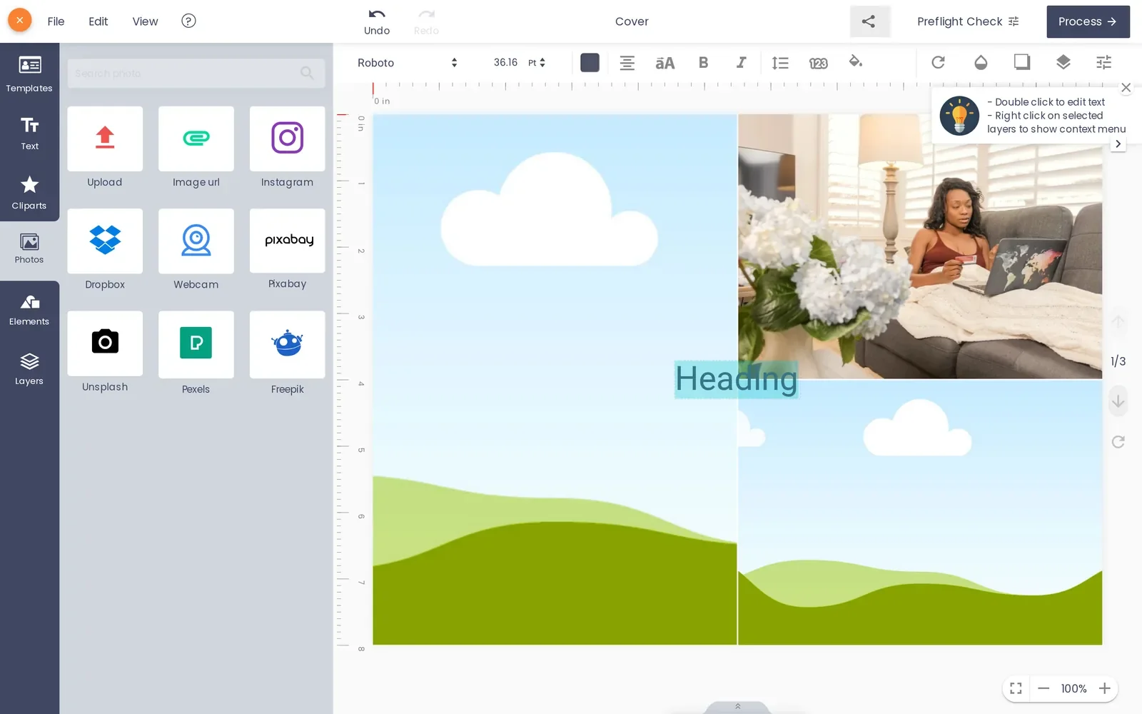 Online designer upload panel with device, Dropbox, Instagram, Pixabay and Unsplash sources for a photo book page