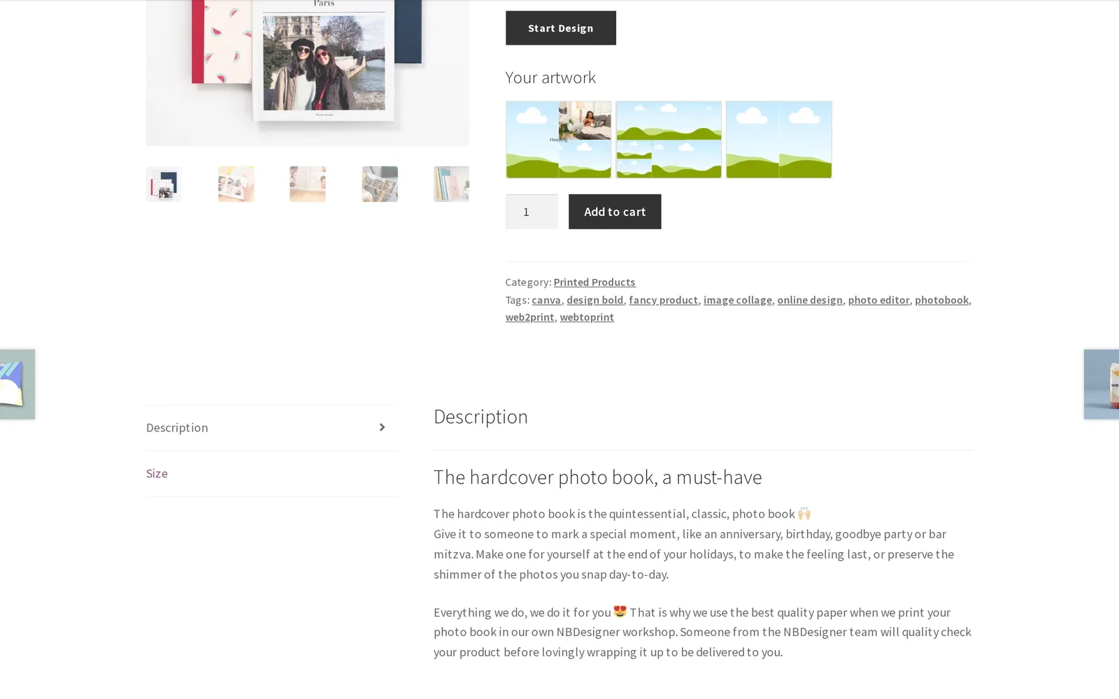 Photobook product page showing the saved design as Your artwork next to Add to cart