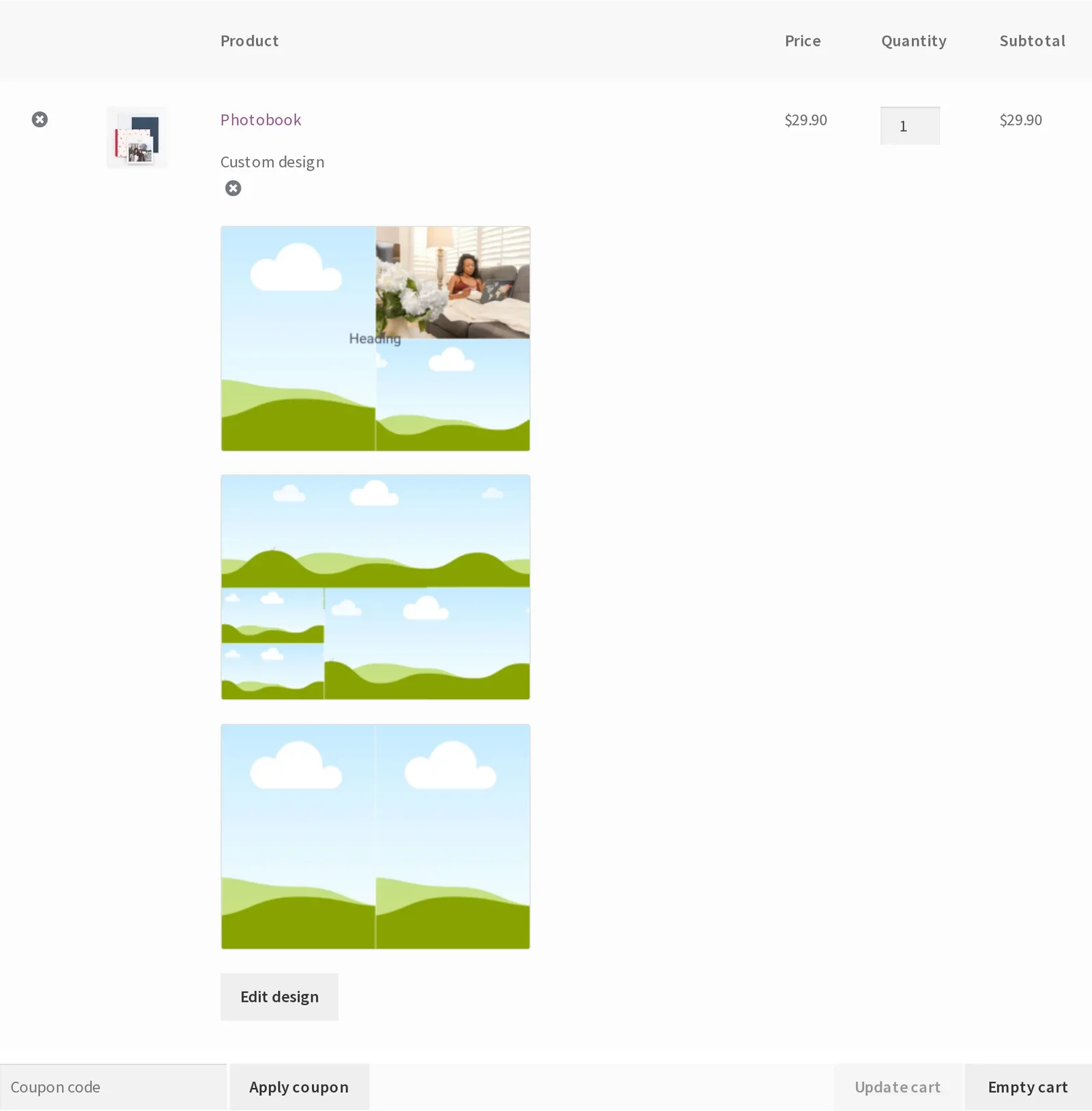 WooCommerce cart showing the Photobook line item with its custom design thumbnails and an Edit design button
