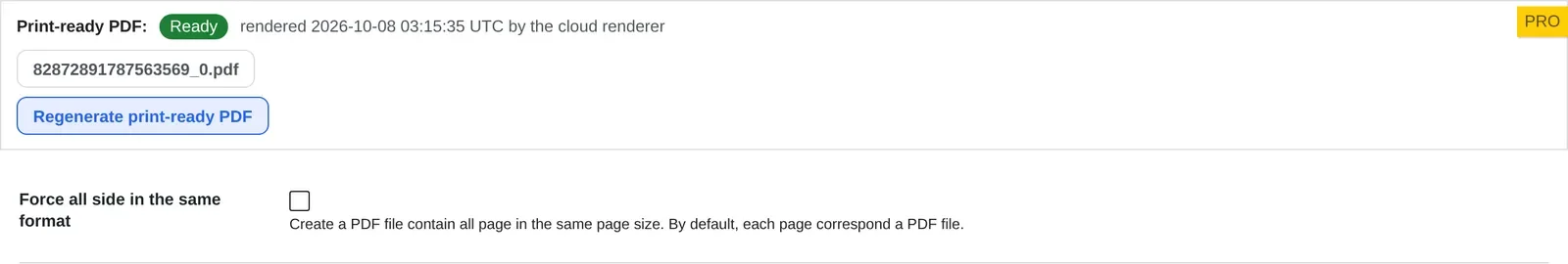 Order screen showing the print-ready PDF status as Ready, rendered by the cloud renderer, with a Regenerate button