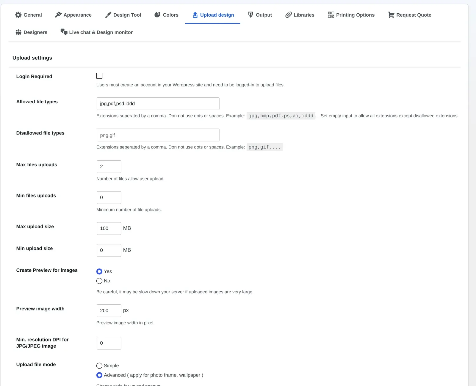 Cmsmart Settings Upload design tab showing allowed file types and minimum resolution DPI