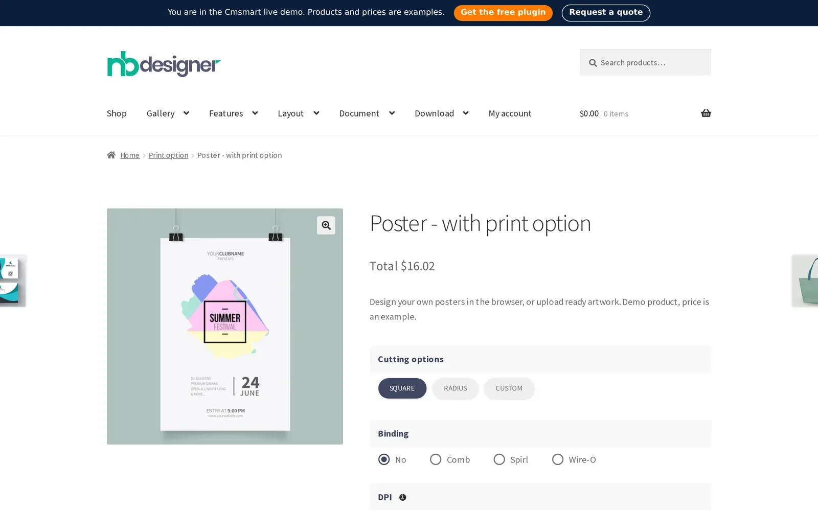 Poster product page on WooCommerce with cutting, binding and poster size options next to the price
