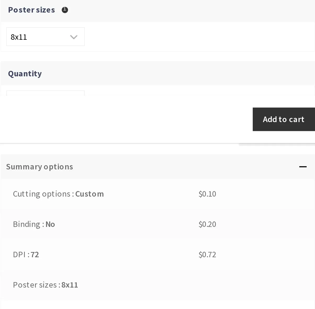 Poster size, quantity and price matrix recalculating live on the WooCommerce product page
