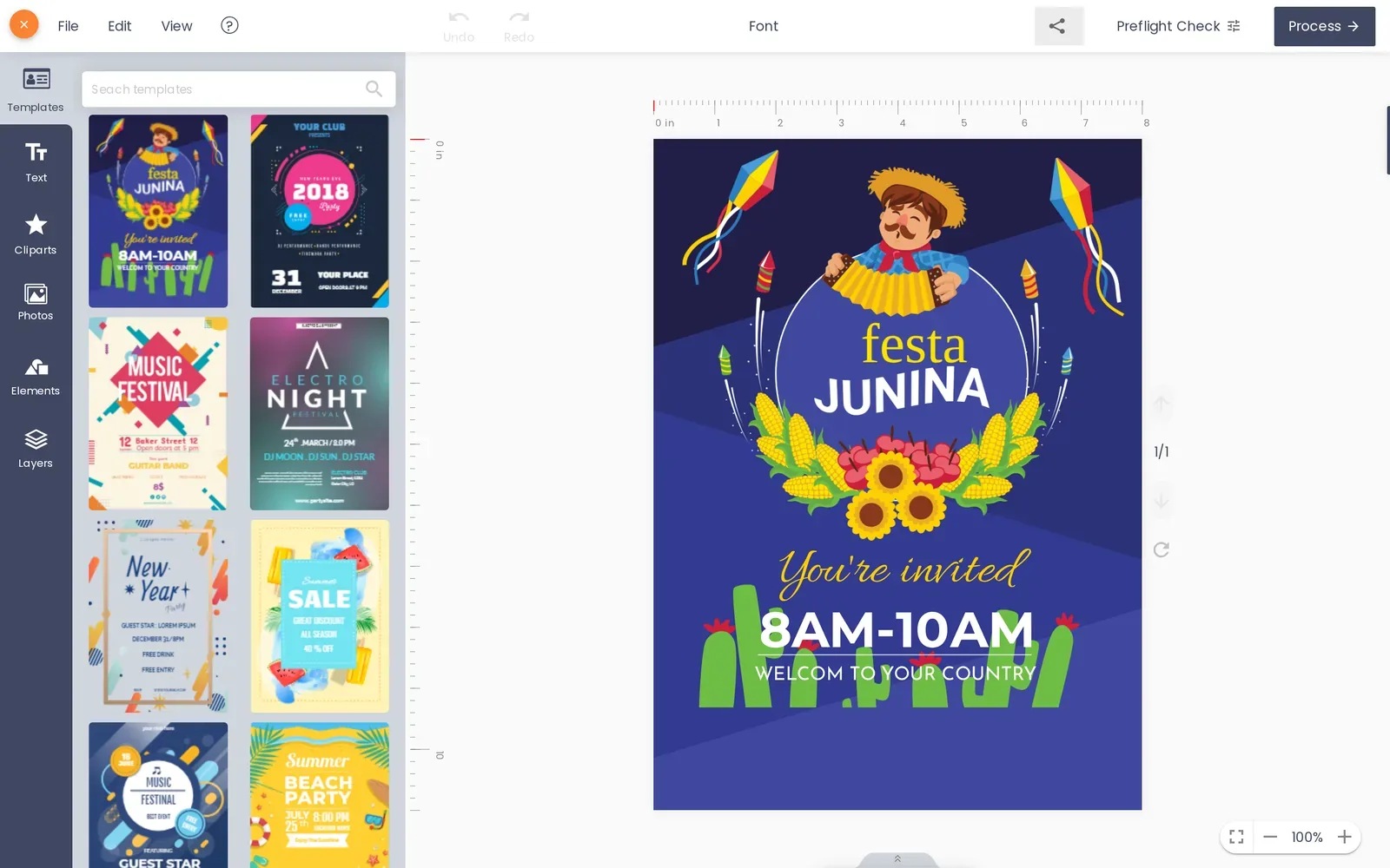 Online poster designer canvas open with a template loaded, ready for text and image edits