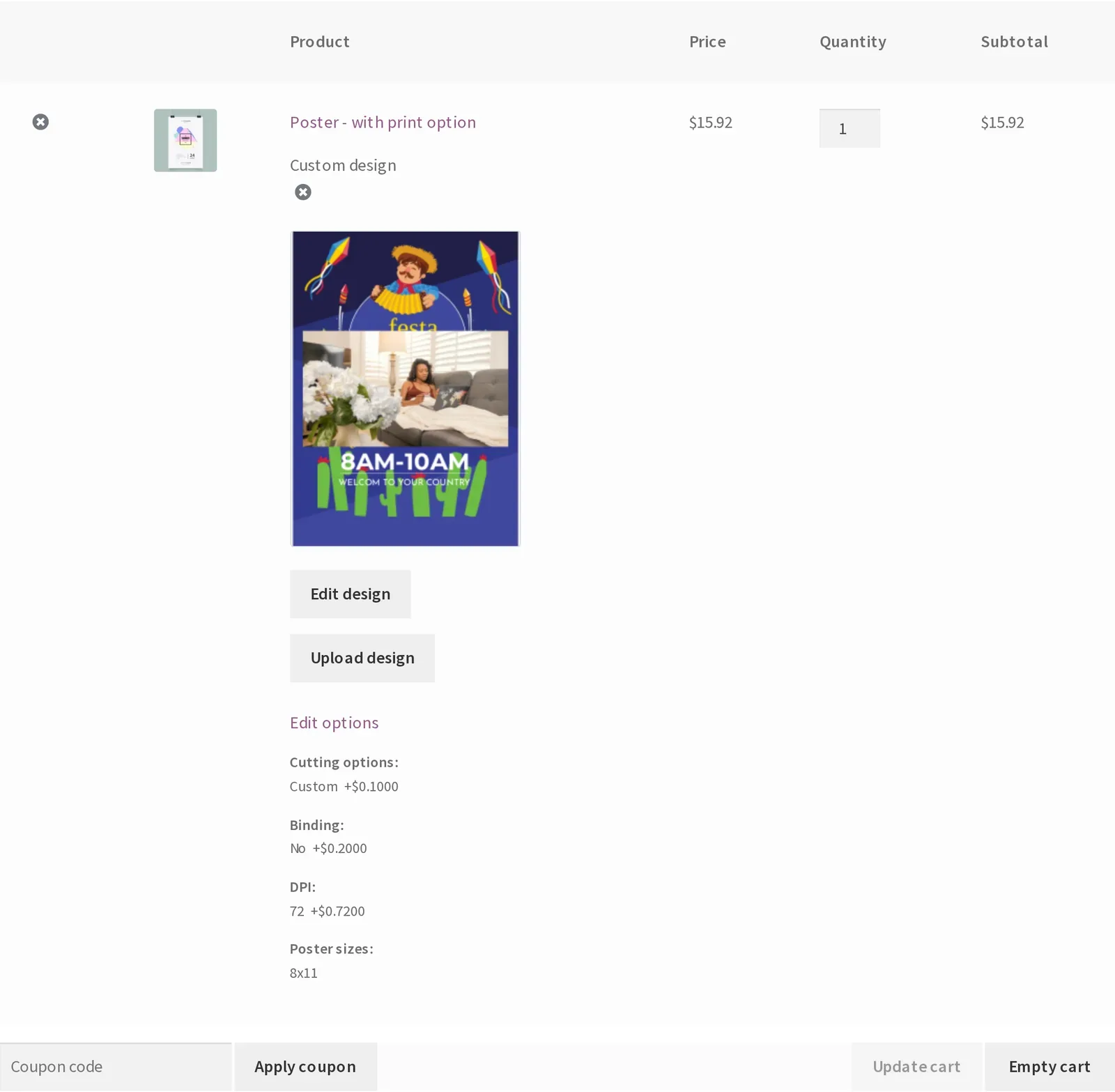 WooCommerce cart with the designed poster, its thumbnail, and the chosen print options