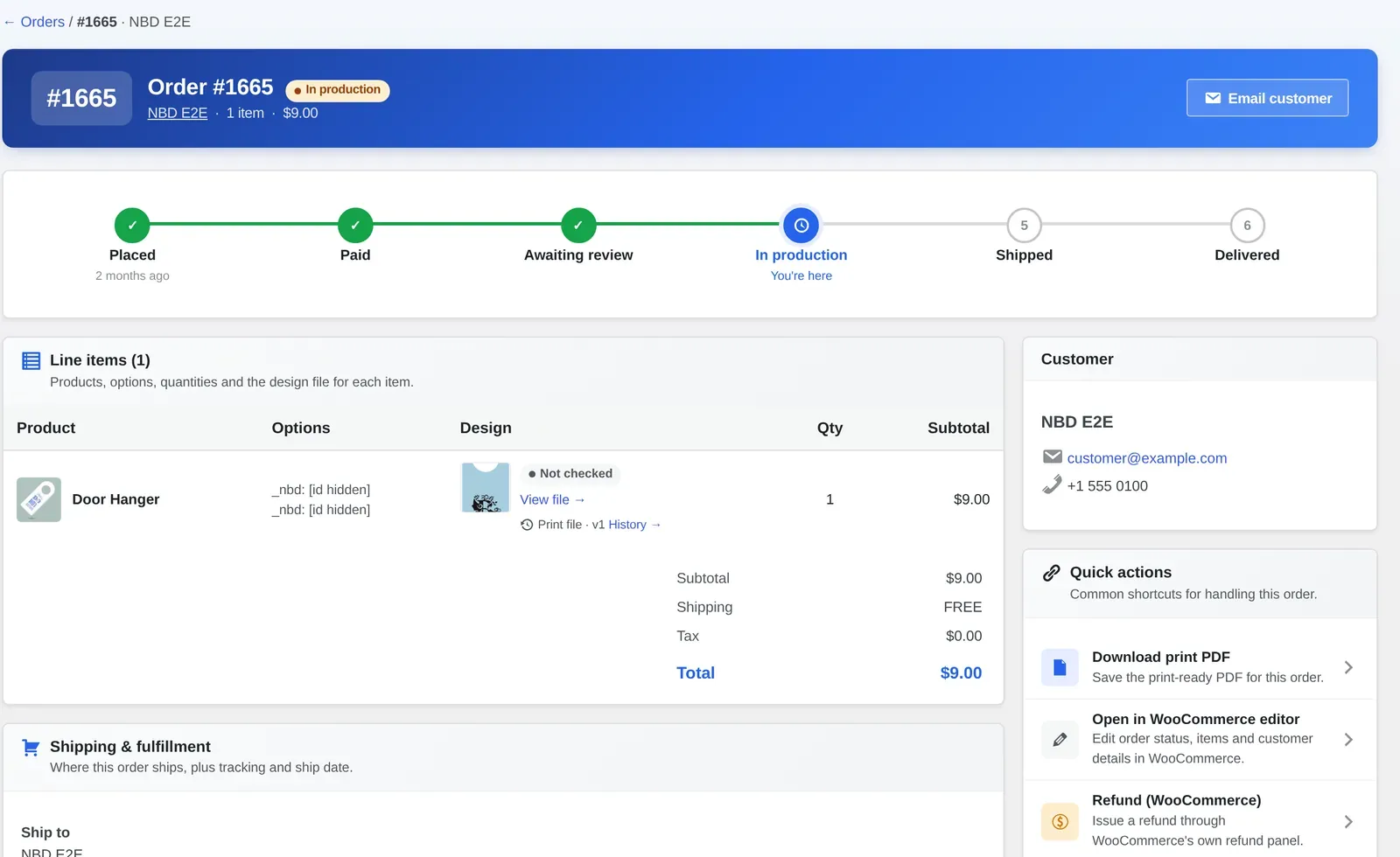 Poster printing online store order moving through placed, paid, in production and shipped with its design file attached, in wp-admin