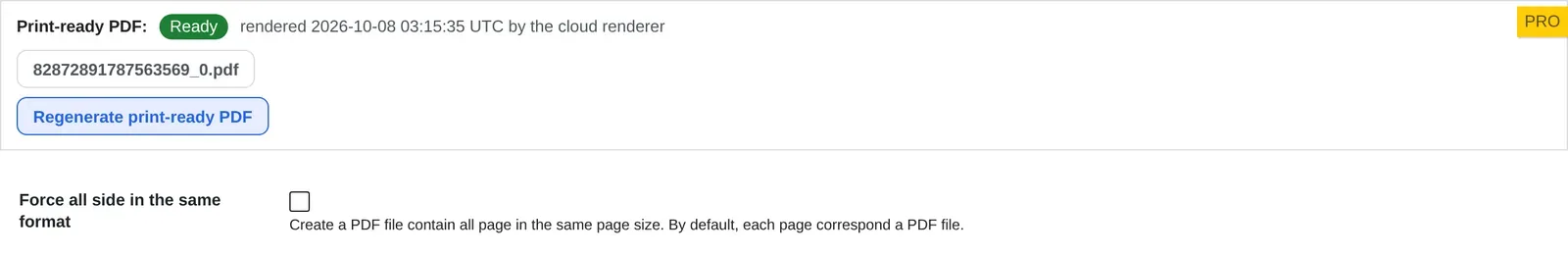 Print-ready PDF status showing Ready, rendered by the cloud renderer, with a Regenerate button