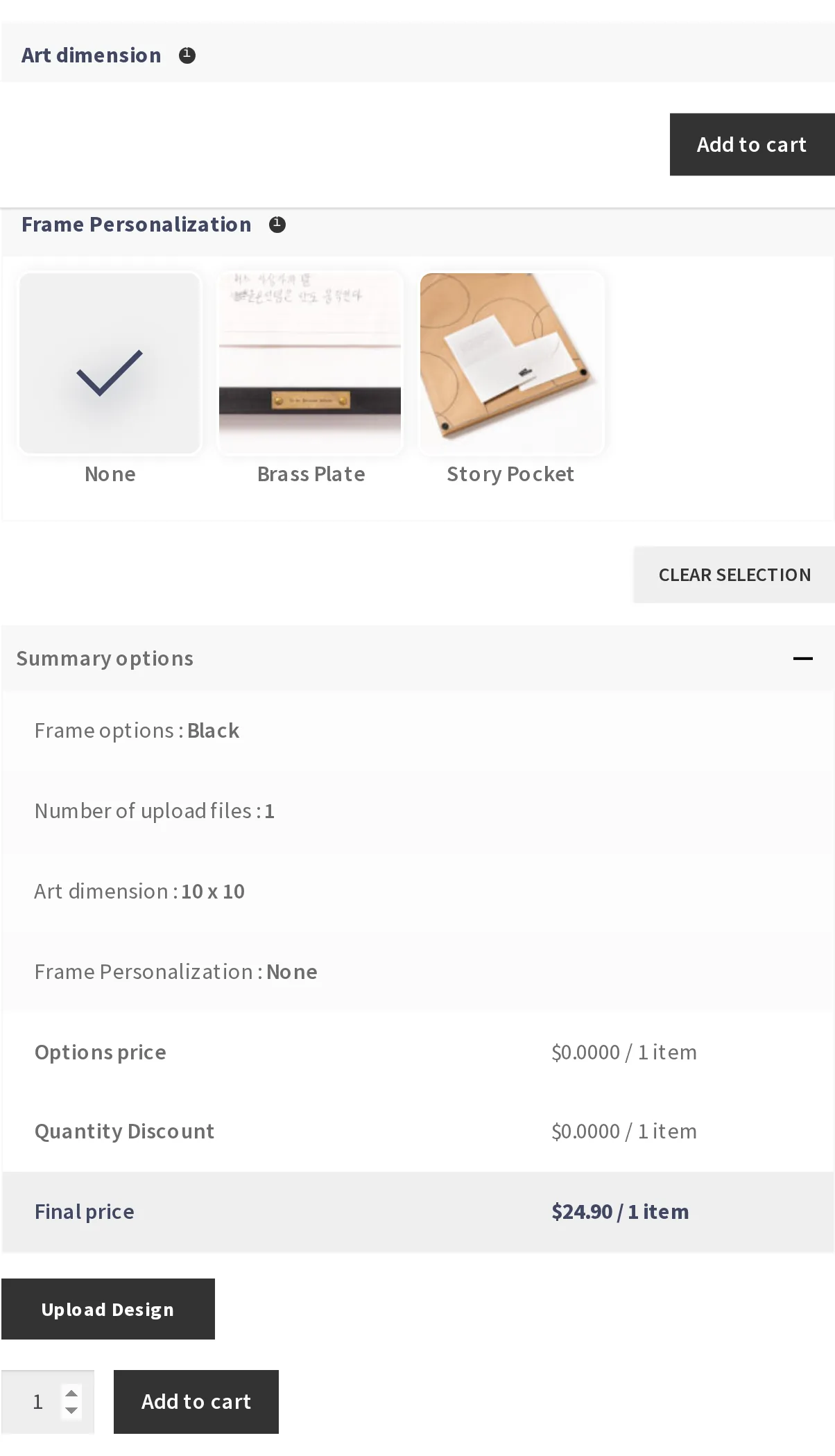 WooCommerce order summary showing number of upload files, art dimension and final price before checkout